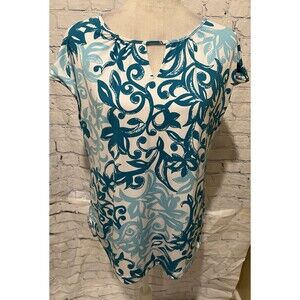 Susan Graver Liquid Knit top with teal & white floral scroll print QVC Medium
